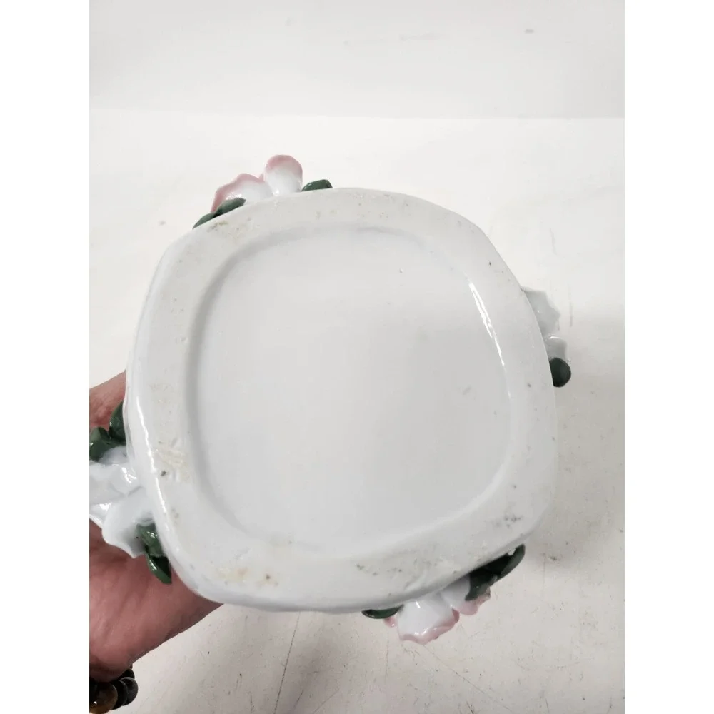 Vintage 3D Swan Roses Figural Bowl Candy Dish White Ceramic Cottagecore